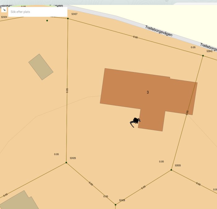 Skärmdump från lantmäteriets databas visande en fastighets gränser och en byggnad.