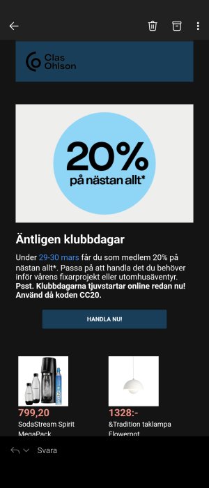 Reklam för Clas Ohlson clubdagar med 20% rabatt på nästan allt, datum och erbjudandekod visas.