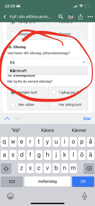Skärmdump av formulär där användaren väljer elbolag, med "Kärnkraft" valt från en dropdown-meny.