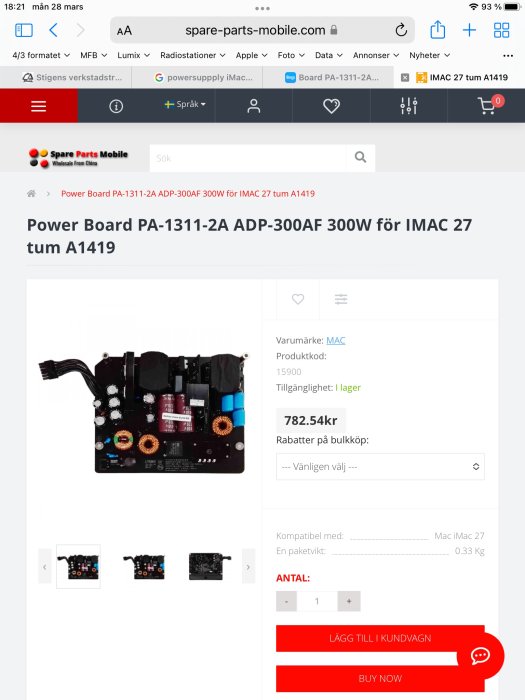 Strömförsörjningskort till iMac 27 tum visas på en reservdelswebbplats med priset och köpknapp.