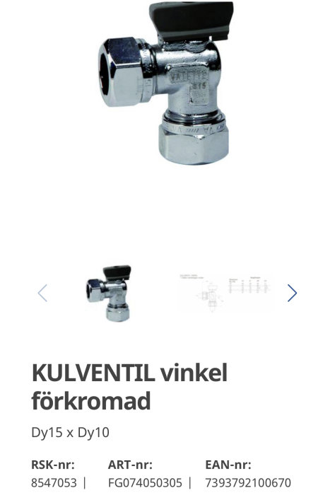 Förkromad vinkelkulventil, Dy15 x Dy10, från Vatette med produktnummer och EAN-kod.