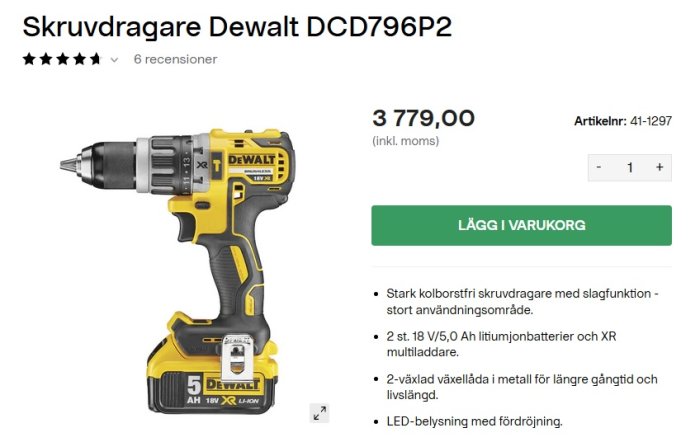 Gul och svart Dewalt skruvdragare modell DCD796P2 med sidohandtag och två batterier, pris och recensioner synliga.