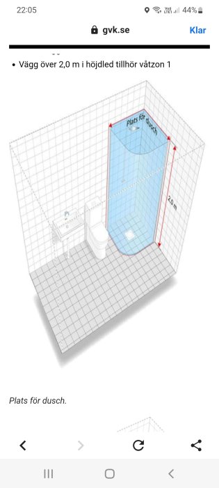 3D-ritning av badrum med markerad våtzon 1 runt duschområdet, toalett och handfat.