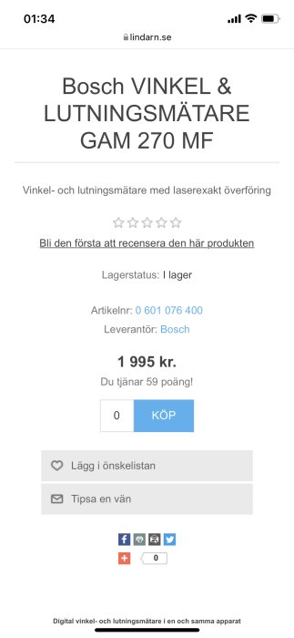 Skärmdump från Lindarn.se med produktinformation för Bosch vinkel- & lutningsmätare GAM 270 MF, prissatt till 1995 kr.