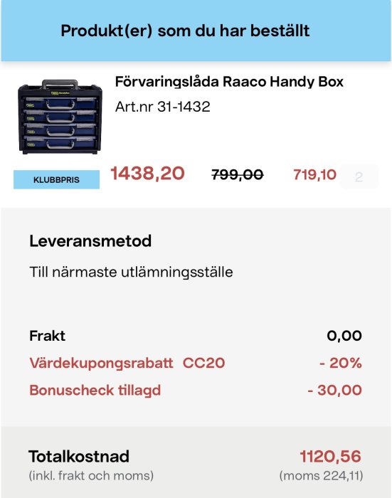 Skärmdump av ett köp med blå verktygslåda Raaco Handy Box och detaljer av prissänkning. Totalpris efter rabatt är 1120,56 kronor.