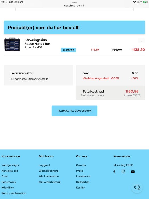 Skärmbild av en online-beställning för en förvaringslåda från Clas Ohlson med totalpris och rabattkod tillämpad.