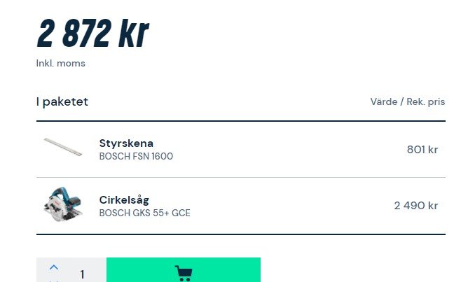 Skärmbild av ett köp på Proffsmagasinet med en Styrskena BOSCH FSN 1600 och en Cirkelsåg BOSCH GKS 55+ GCE, totalpris 2 872 kr.