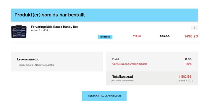 Skärmdump av en beställningsbekräftelse med två förvaringslådor Raaco Handy Box och priser.
