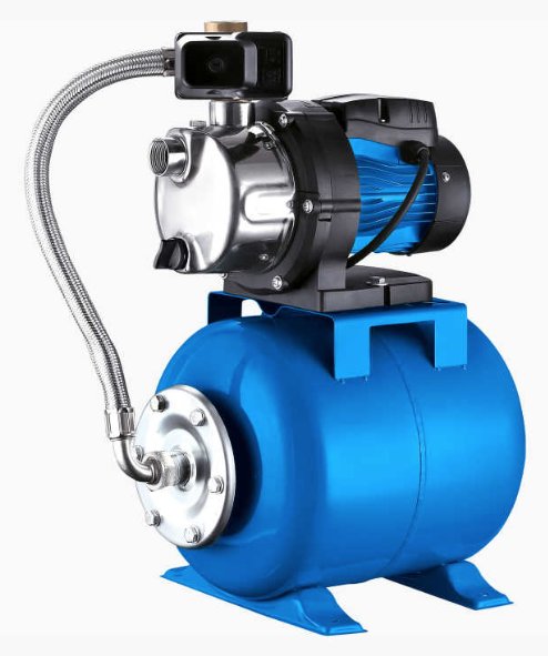 Blå och silverfärgad vattenpump med flexibel slang och elektronisk tryckmätare monterad ovanpå.