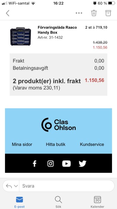 Skärmdump av en onlinebeställning av Raaco Handy Box förvaringslådor från Clas Ohlson.