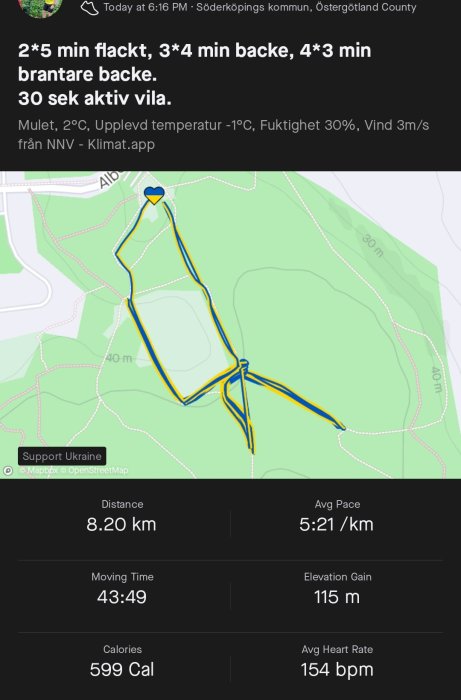 Träningsappskärmdump med löprunda på kartan, distans 8,20 km, tid och puls, stöd Ukraina-banner.