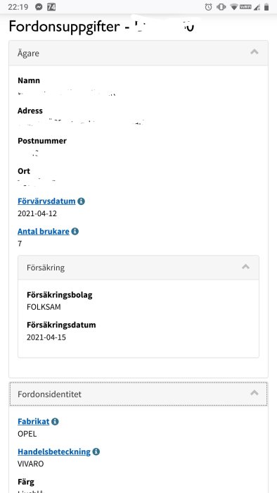 Skärmdump från Transportstyrelsens hemsida som visar fordonsuppgifter, inklusive ägarens information, försäkringsbolag och bilmodell.