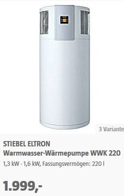 Vit inomhus värmepump med 200 liters varmvattenbehållare från Stiebel Eltron, modell WWK 220.