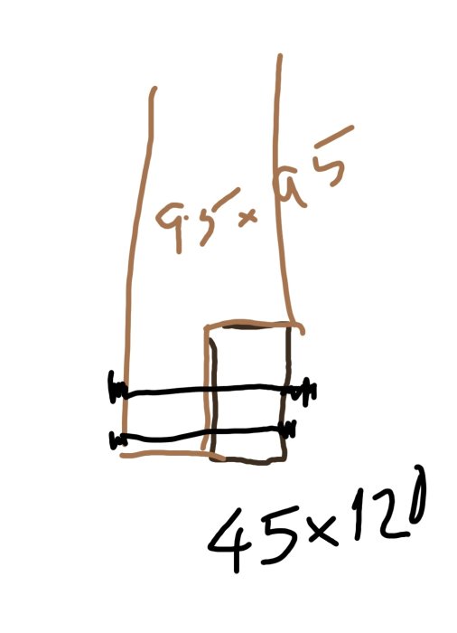 Skiss av en 95x95 stolpe ursågad för anslutning till 45x120 regel med genomgående bultar.