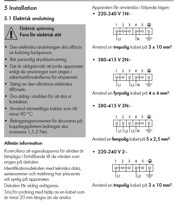 Skärmklipp av en instruktionsmanual för elektrisk anslutning som visar olika scheman för kablage och varningar samt anvisningar.