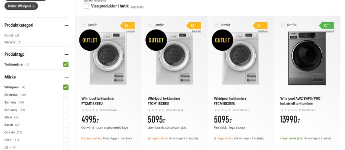 Webbsida som visar fyra olika Whirlpool torktumlare modeller med priser och lagerstatus.