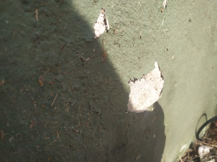 Grund av hus med flagande grön färg och smulig yta där färgen lossnar.