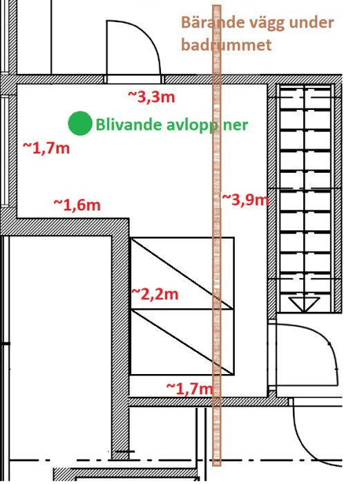 Ritning av föreslagen badrumsplanlösning med mått och markerat blivande avlopp.