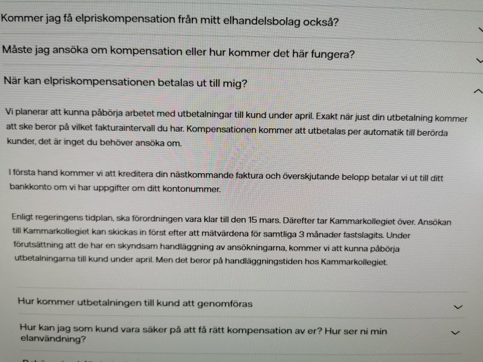 Skärmdump av en diskussion om elpriskompensation från Vattenfall Eldistro.