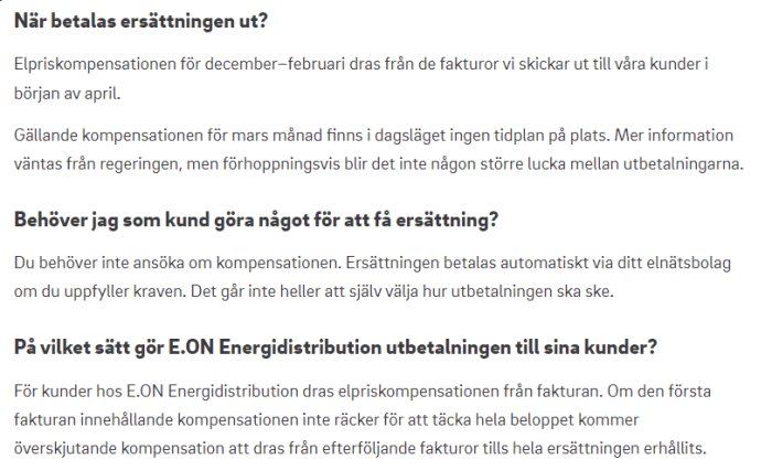 Skärmdump av text från en webbsida om elpriskompensation och utbetalningsprocess från E.ON Energidistribution.