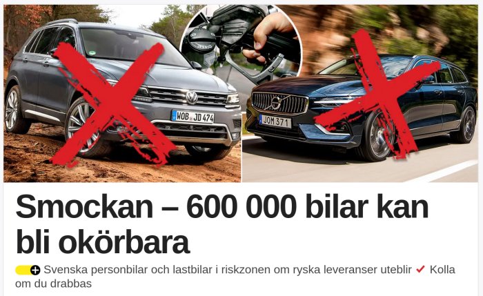 Två bilar med röda kryss över dem och text om risk för bilars okörbarhet på grund av leveransproblem.