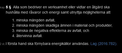 Text på skärm som listar lagkrav för avfallshantering i samband med byggprojekt.