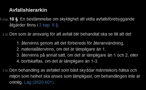 Text från avfallshierarki enligt svensk lagstiftning med fem steg för hantering av avfall.