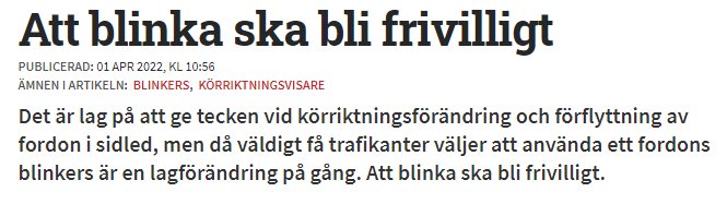 Skärmbild av en artikel med rubriken "Att blinka ska bli frivilligt" publicerad den 1 april.