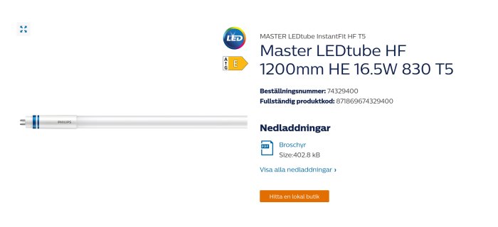 Philips MASTER LEDtube InstantFit HF T5, 1200 mm, 16.5W energieffektiv LED-lysrör med produktinformation.