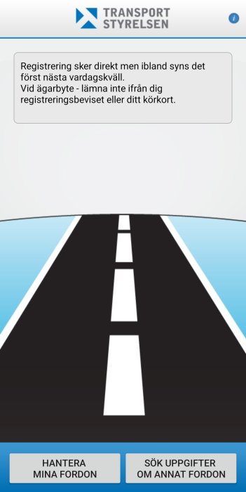 Skärmdump av Transportstyrelsens app med väggrafik och alternativ för att hantera och söka fordon.