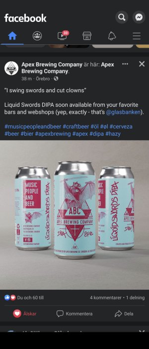 Tre ölburkar från Apex Brewing med texten "Liquid Swords DIPA" och stiliserad fladdermusgrafik.