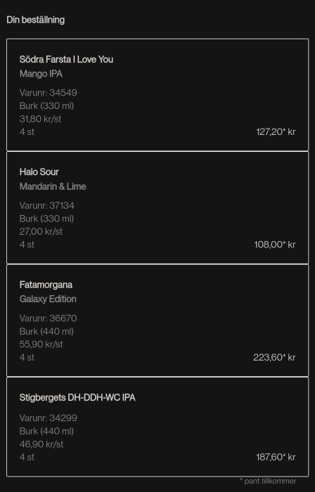 Skärmdump av en ölbeställning med olika sorters IPA, inklusive priser och antal.