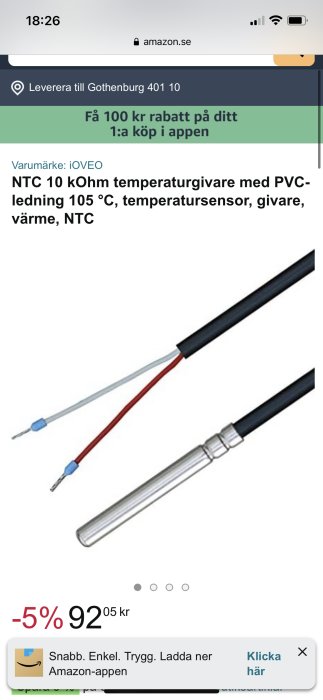 NTC 10 kOhm temperatursensor med ledningar och metallgivare.