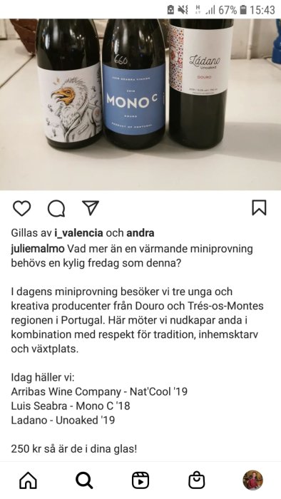 Tre vinflaskor från Portugal för vinprovning, varav en med örnmärkt etikett.