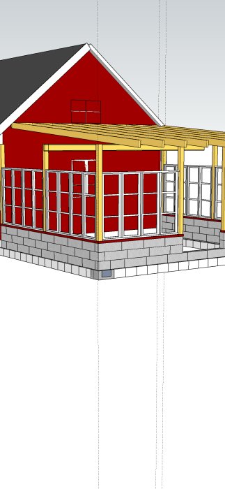 3D-ritning av ett uterum under konstruktion med röd vägg, fönsterpartier och lecablocksfundament.