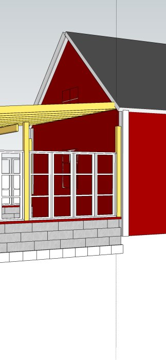 3D-rendering av ett uterum under konstruktion med grå grund och röd trävägg.