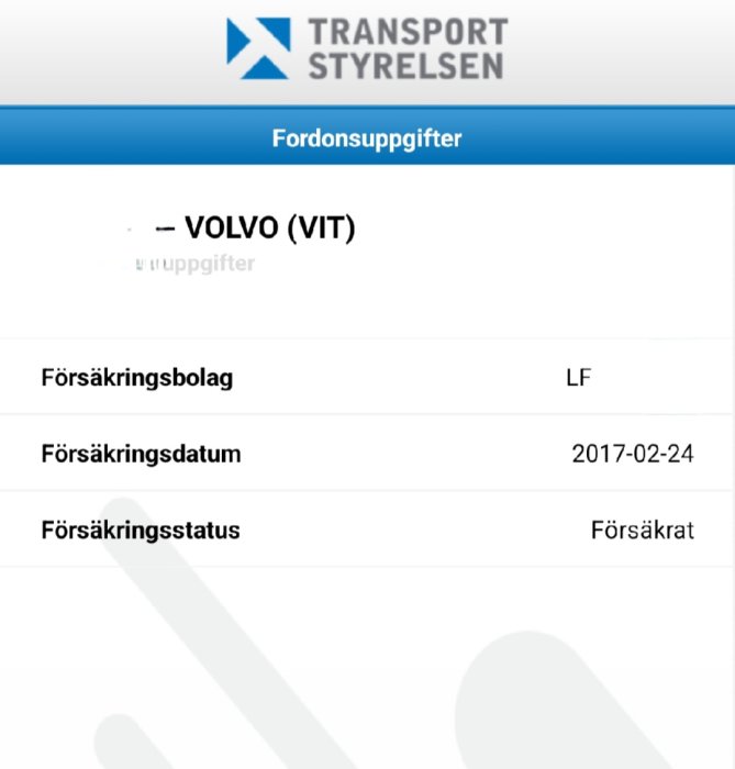 Skärmdump från Transportstyrelsens hemsida som visar fordonsuppgifter för en vit Volvo, inkluderat försäkringsinformation.