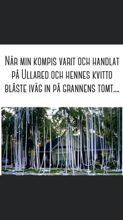 Hus täckt av toalettpapper som draperar över träd och buskar på en trädgård.