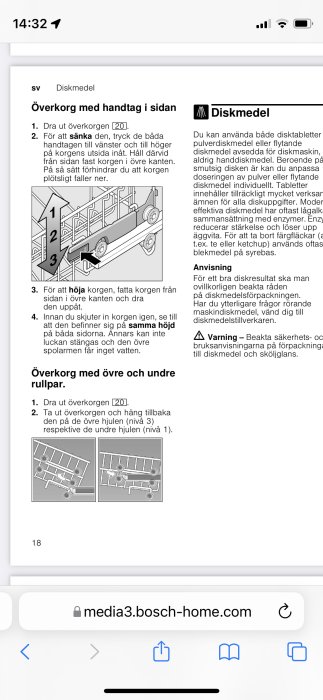 Instruktionsdiagram för att justera höjden på diskmaskinens överkorg med handtag och rullpar.