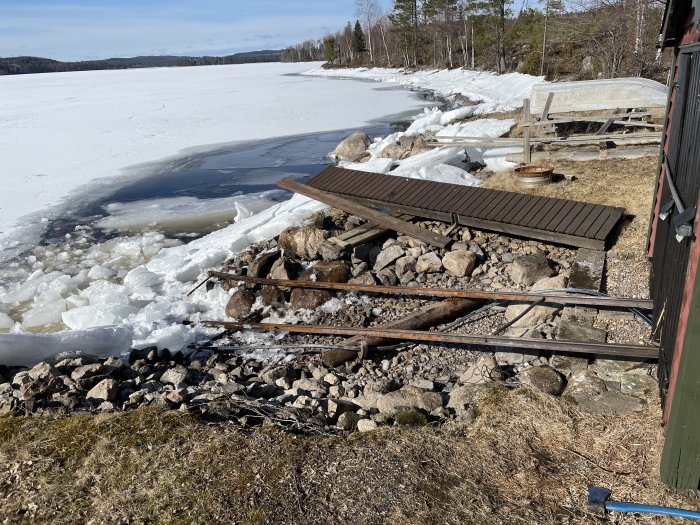 Skadad räls vid iskanten nära en sommarstuga, omgiven av sten och med sjö is i bakgrunden.