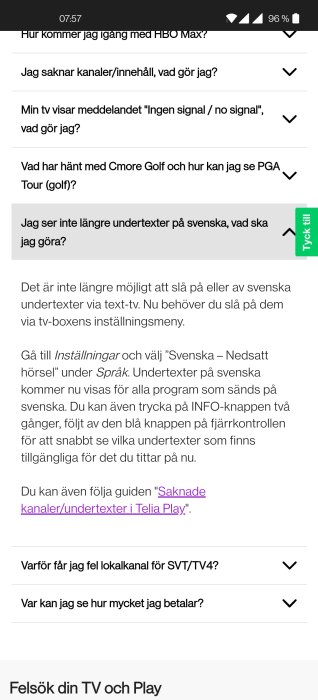 Skärmdump av en diskussionstråd om aktivering av undertexter för hörselskadade på en tv-box.
