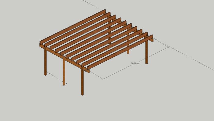 3D-ritning av en tänkt carport med måttetikett på 663 cm.