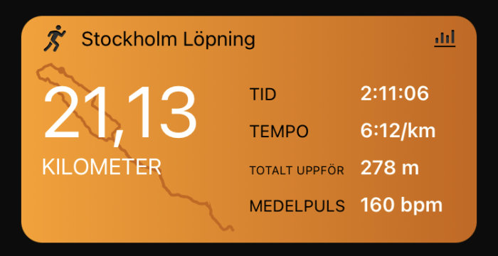Statistikskärm för löpning visar distans, tid, tempo, höjdökning och puls.