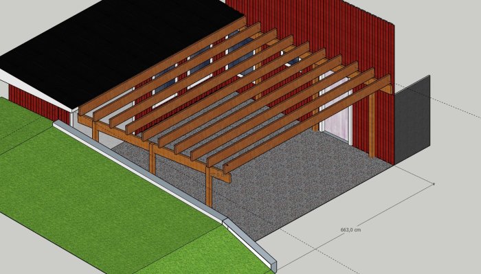 3D-ritning av tänkt carport framför rött garage, visar trästomme med längdmått 663 cm.