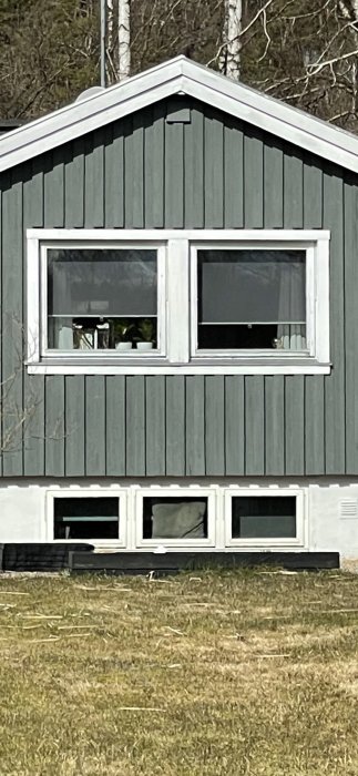 Korrekt monterade källarfönster på ett hus med gröna sidor och vita fönsterkarmar.