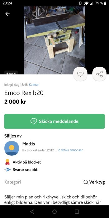 Emco Rex b20 plan och rikthyvel till salu, placerad på ett garagegolv med andra föremål i bakgrunden.