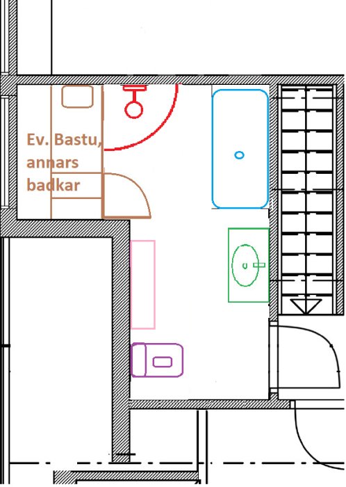 Ritning av ett badrum med markerade områden för bastu/badkar, dusch, handfat och toalett samt texter.