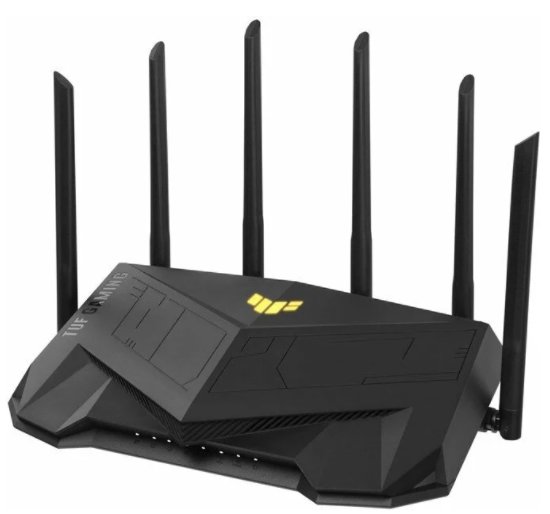 Asus TUF-AX5400 gaming router med sju antennutstickande och geometriskt mönstrad design.