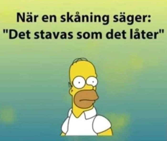 Homer Simpson med förbryllad min och texten "När en skåning säger: 'Det stavas som det låter'".