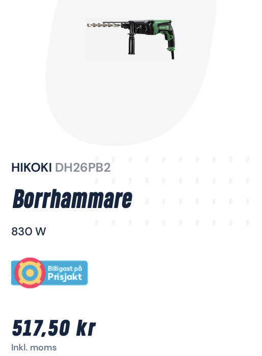 Hikoki DH26PB2 borrhammare 830W med borr monterad, mot vit bakgrund och prisinformation.